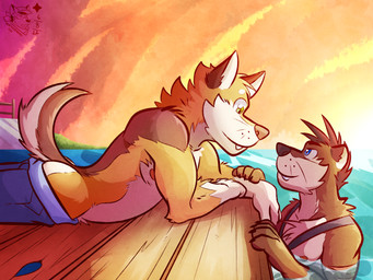 anthro blue_bottomwear blue_clothing blue_eyes blue_pants bottomwear clothing duo eye_contact green_eyes looking_at_another lying male male/male on_front pants partially_submerged shirtless smile ventkazemaru howell_(ventkazemaru) oliver_(ventkazemaru) canid canine canis domestic_dog mammal mustelid otter shiba_inu spitz 4:3 hi_res