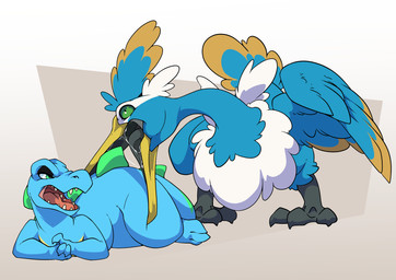 angry avian_feet beak blue_body bodily_fluids drooling duo facial_markings feathered_crest feathered_wings feathers feet feral green_eyes head_crest head_markings male markings mask_(marking) membrane_(anatomy) saliva spread_wings tail tail_feathers toes webbed_feet white_markings wings yellow_markings ashley-arctic-fox nintendo pokemon fan_character guzzle thunk_(gyro) avian cramorant generation_2_pokemon generation_8_pokemon pokemon_(species) totodile absurd_res colored digital_drawing_(artwork) digital_media_(artwork) hi_res shaded