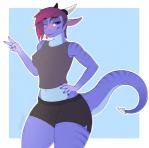 5_fingers anthro biped blush breasts clothing curvy_figure female fingers hair horn looking_at_viewer simple_background smile solo tail teeth thick_thighs tongue tongue_out wide_hips slashner mythology dragon mythological_creature mythological_scalie scalie 2019 hi_res