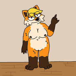 anthro bodily_fluids breasts female genitals gesture hand_gesture looking_at_viewer middle_finger nipples nude nude_female slightly_chubby solo sweat sweaty_body vulva anonymous_artist normalsville zoey_(normalsville) canid canine fox mammal 1:1 absurd_res hi_res