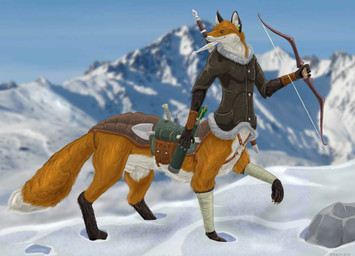animal_genitalia arrow_(weapon) backpack bow_(weapon) detailed_background ear_piercing fluffy fluffy_tail fully_sheathed fur furgonomics genitals holding_object holding_weapon looking_back male male_taur orange_body orange_fur outside piercing quiver_(object) ranged_weapon sheath side_view solo standing tail weapon strega hialfi canid canid_taur canine canine_taur fox fox_taur mammal mammal_taur taur