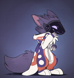 ambiguous_gender anthro clothed clothing feet fingers fluffy fluffy_tail fur gradient_background inner_ear_fluff kigurumi machine onesie screen screen_face simple_background smile solo standing tail toes tuft aseethe lewis_(aseethe) protogen 2021 digital_media_(artwork)
