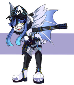 3_toes amber_eyes anthro bent_over black_hair blue_markings breasts clothing featureless_breasts feet female fishnet_clothing fishnet_legwear footwear gatling_gun gun gun_arm hair horn legwear machine_gun markings minigun open_mouth ranged_weapon round_ears sandals shoes sleeveless_dress solo spiked_tail spikes spikes_(anatomy) tail teeth toes weapon weapon_arm white_body wings x-irus velatis_ferio_caedo unknown_species absurd_res hi_res