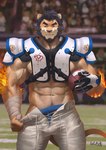 abs american_football anthro arm_wraps beard biceps black_clothing black_hair black_underwear bottomwear chest_tuft clothing facial_hair fire flaming_hair football_field football_pants football_player football_uniform fur gloves hair handwear male muscular muscular_anthro muscular_arms muscular_male obliques orange_body orange_fur pants pseudo_hair pulling_pants_down red_eyes solo sport stadium text tuft underwear vein veiny_muscles white_bottomwear white_clothing white_pants wraps thebloodsouls alcander_(wakatanka4) felid lion mammal pantherine 2020 absurd_res chinese_text hi_res signature