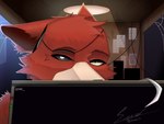 anthro detailed_background eye_patch eyewear front_view fur hook looking_at_viewer machine male office red_body red_fur solo yellow_eyes enoxarts five_nights_at_freddy's scottgames foxy_(fnaf) animatronic canid canine fox mammal robot 2025 absurd_res clip_studio_paint_(artwork) digital_drawing_(artwork) digital_media_(artwork) hi_res