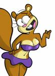 anthro big_breasts bikini bottomwear breasts brown_body brown_fur buckteeth butt clothed clothing female fur hand_on_hip hi_res mammal nickelodeon rodent sandy_cheeks sciurid simple_background skirt smile solo spongebob_squarepants standing swimwear teeth tempson thick_thighs tree_squirrel white_background wide_hips