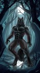 4_toes 5_fingers abdominal_scar abs angry anthro arm_scar arm_tuft big_muscles black_body black_fur black_lips black_nose bottomwear broad_shoulders chest_scar chest_tuft claws clothed clothing detailed_background digitigrade elbow_tuft feet fingers fluffy fluffy_tail forest full_moon fur glowing glowing_eyes lips looking_at_viewer male mane moon muscular muscular_anthro muscular_male night open_mouth outside partially_submerged pawpads paws pecs plant raised_hackles scar serratus sharp_teeth shorts snarling solo standing standing_in_water string_belt tail teeth thick_neck toe_claws toes topless torn_bottomwear torn_clothing torn_shorts tree tuft white_eyes syberfab mythology canid canine canis mammal mythological_canine mythological_creature were werecanid werecanine werewolf wolf hi_res shaded signature