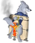 anthro armello armor bodily_fluids bottomless burning butt butt_on_fire canid canine canis clenched_teeth clothed clothing eyes_closed fifybear fire flamethrower hi_res league_of_geeks lock male mammal pain ranged_weapon rear_view restraints smoke solo stocks tail tears teeth thane_(armello) torture weapon wolf
