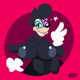 anthro areola big_breasts black_body black_eyes black_fur breasts clothing eyewear female fur genitals gesture glasses gloves grey_areola grey_nipples hand_gesture handwear huge_breasts navel nipples nude one_eye_closed pink_background rectangular_glasses simple_background smile solo tan_body tan_fur v_sign vulva white_clothing white_gloves white_handwear wide_hips wink jjoyplus nebula_(toonsexual) canid canine canis domestic_dog mammal 1:1 absurd_res hi_res