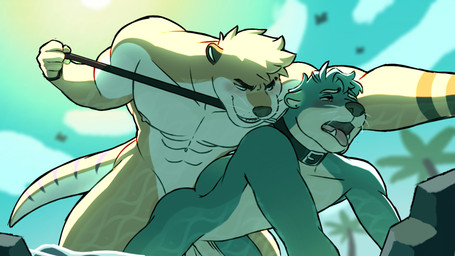 abs all_fours anal anal_penetration anthro anthro_on_anthro anthro_penetrated anthro_penetrating anthro_penetrating_anthro areola balls biceps biped blush butt cloud collar collar_only day dominant dominant_anthro dominant_male duo ear_piercing eyebrows from_behind_position fur genitals green_body green_fur humanoid_genitalia humanoid_penis intraspecies larger_dom leash leash_pull leashed_collar low-angle_view male male/male male_penetrated male_penetrating male_penetrating_male muscular muscular_anthro muscular_male nipples nude open_mouth open_smile outside partially_submerged pecs penetration penile penile_penetration penis penis_in_ass piercing plant questionable_consent rock sex size_difference sky smile spread_legs spreading tail tan_body tan_fur teeth tongue tongue_out tree whiskers snomflakes zeke_(barazokudex) ambient_bird avian bird mammal mustelid otter 16:9 2023 digital_media_(artwork) hi_res widescreen