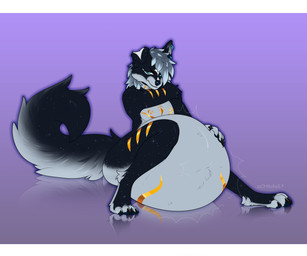 anthro blue_eyes gold_stripes long_ears long_tail male piercing pink_paws solo tail vore cmitchell canid canine canis mammal wolf 6:5 absurd_res hi_res letterbox