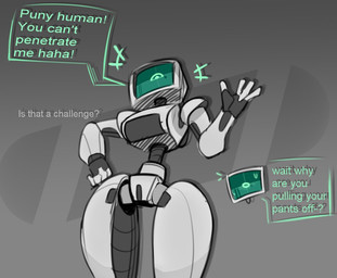 4_fingers biped dialogue exclamation_point female fingers for_a_head green_text grey_text joints looking_at_viewer machine not_furry question question_mark solo standing text text_box white_body wide_hips monty_smug humanoid object_head robot robot_humanoid 2025 english_text