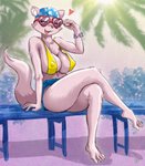 anthro bench big_breasts bikini bikini_top breasts butt cheek_tuft chest_tuft cleavage clothed clothed_anthro clothed_female clothing crossed_legs cute_fangs eyewear facial_tuft fangs female female_anthro freckled_face freckles fur goggles grey_body grey_fur heart_symbol kemono nipple_outline palm_tree pawpads plant sitting smile solo swimming_cap swimwear teeth thick_thighs tree tuft two-piece_swimsuit melonleaf kristana_(melonleaf) mammal mustelid 2016 hi_res