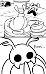 2_panel_comic ambiguous_gender antennae_(anatomy) bed black_eyes black_text ellipsis floor furniture inside motion_lines on_bed plushie sitting sitting_on_bed solo sound_effects text thinking wall_(structure) skeletorskeletonized hollow_knight team_cherry bretta_(hollow_knight) the_knight_(hollow_knight) arthropod beetle insect 2020 5:8 black_and_white comic digital_media_(artwork) english_text hi_res monochrome female_(lore)