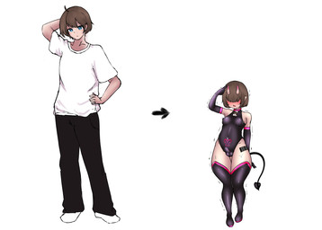 barcode barcode_tattoo blush bottomwear breast_growth breasts brown_hair bulge clothing cute_fangs directional_arrow fangs gender_transformation gesture growth gynomorph hair horn horn_growth human_to_humanoid humanoid_pointy_ears intersex latex male mtg_transformation mti_transformation not_furry open_mouth pants pointy_ears salute shaking shirt short_stackification shortstack shrinking simple_background size_transformation solo spade_tail species_transformation tail tattoo teeth topwear transformation white_background white_clothing white_shirt white_topwear vuaisu demon demon_humanoid human humanoid mammal 2022 digital_media_(artwork) hi_res