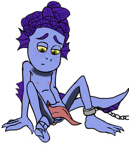 bound chain chained feet fin freckles genitals green_eyes leg_cuff looking_down male nipples nude penis penis_grab purple_body purple_scales sad scales sitting slave solo text young young_male unknown_artist disney luca_(pixar) pixar alberto_scorfano humanoid sea_monster artist_name