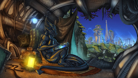 anthro black_body black_scales blue_eyes day detailed_background horn lamp lantern male nude outside recursion scales sky solo spade_tail tail wairu mythology dragon mythological_creature mythological_scalie scalie 16:9 2019 digital_media_(artwork) hi_res widescreen