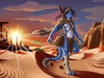 4:3 angrycontra anthro black_hair blue_body bottomwear cloak clothed clothing desert desert_background digital_media_(artwork) feet foot_wraps hair hi_res lizard loincloth male melee_weapon outside pouch_(clothing) red_eyes reptile ruins scalie sek-raktaa shoulder_strap sky solo sun sunset sword sword_on_back tail tail_tuft tuft weapon white_body wraps