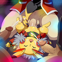 balls bestiality bodily_fluids bracelet cleft_tail clothed clothing collar cosplay cosplay_pikachu_(costume) cum cum_everywhere cum_in_vagina cum_inside cum_on_belly cum_on_body cum_on_face cum_on_leg cum_on_penis cumshot detailed_background dominant ejaculation erection eyelashes eyes_closed female feral foursome fur genital_fluids genitals group group_sex human_on_feral interspecies jacket jewelry larger_dom larger_male long_ears lying male male/female male_on_feral male_penetrating messy nude on_back open_mouth orgasm partially_clothed penetration penis pokephilia sex shirt sitting size_difference smaller_female spiked_bracelet spikes spread_legs spreading tail tongue topwear vaginal vaginal_penetration vein veiny_penis yellow_body yellow_fur lonbluewolf nintendo pokemon cosplay_pikachu_(character) pikachu_rock_star generation_1_pokemon human mammal pikachu pokemon_(species) rodent 1:1 digital_media_(artwork) hi_res