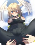 2022 absurd_res areola big_areola big_breasts blonde_hair blue_eyes blue_sky blush breast_squish breasts bursting_breasts camel_toe cheesoart clothing cloud collar detailed_background eunie_(xenoblade) exposed_breasts feathered_wings feathers female female_humanoid genital_outline glistening glistening_hair hair head_wings hi_res high_entia holding_butt humanoid light_body light_skin long_hair looking_at_viewer looking_down low-angle_view montgomery_glands outside plump_camel_toe pouting puffy_areola pussy_outline skinsuit sky solo spread_legs spreading squish tight_clothing torn_skinsuit white_body white_feathers winged_humanoid wings xenoblade_(series) xenoblade_chronicles_3