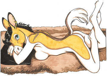 anthro black_hair blue_eyes breast_squish breasts brown_body butt ear_piercing ear_ring female fur_rug hair looking_at_viewer lying nude on_front piercing pillow ring_piercing solo squish white_body yellow_body terrie_smith asinus equid equine kiang mammal 2025