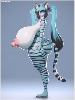 anthro areola big_breasts big_butt big_nipples blue_body blue_eyes border breasts brown_border butt erect_nipples female hair huge_breasts hyper hyper_breasts long_hair long_nipples looking_at_viewer nipples nude puffy_areola puffy_nipples sagging_breasts simple_background smile smug smug_face smug_grin solo tail thick_thighs wide_hips orilas vocaloid yamaha_corporation hatsune_miku felid feline mammal pantherine tiger 2025 3:4 3d_(artwork) absurd_res blender_(artwork) digital_media_(artwork) hi_res