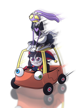 4_fingers anthro clothed clothing crossdressing driving_kart duo eye_twitch eyelashes female fingers heart_symbol larger_male long_eyelashes maid_headdress maid_uniform male motion_lines neutral_expression pedal_car scared size_difference smaller_female speed_lines toy_car twitching_eye uniform screaming_alice glitch_productions little_tikes the_amazing_digital_circus jax_(tadc) pomni_(tadc) humanoid lagomorph leporid mammal rabbit absurd_res hi_res
