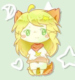 abstract_background anthro blonde_hair blush chibi clothed clothing female green_eyes hair long_hair smile solo star deaic animal_humanoid canid canid_humanoid canine canine_humanoid fox_humanoid humanoid mammal mammal_humanoid 2016