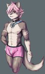 abs anthro blue_hair brown_body brown_fur bulge clothing collar femboy fur hair male pink_clothing pink_hair pink_underwear ponytail red_eyes slightly_muscular solo underwear white_body white_fur insaneeighteen maere domestic_cat felid feline felis mammal hi_res