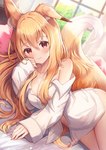 blonde_hair bottomless breasts cleavage clothed clothing female hair looking_at_viewer lying off_shoulder on_side shirt solo topwear sakura_ani animal_humanoid canid canid_humanoid canine canine_humanoid fox_humanoid humanoid mammal mammal_humanoid 2022 hi_res