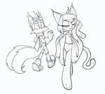 anthro clothed clothing duo female gloves hair handwear male narrow_hips navel nude simple_background smile thick_calves thick_leg thick_thighs thin_calves thin_legs thin_thighs towel wet bigdad sega sonic_the_fighters sonic_the_hedgehog_(series) honey_the_cat miles_prower canid canine domestic_cat felid feline felis fox mammal 2023 monochrome