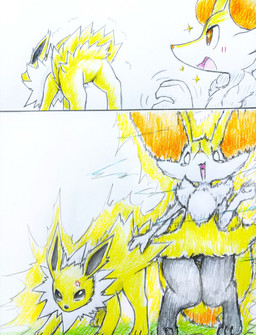2_panel_comic ambiguous_anthro ambiguous_feral ambiguous_gender anthro biped blush bodily_fluids cross-popping_vein digitigrade duo electric_shock electricity emanata featureless_crotch feral front_view knock-kneed nude_ambiguous nude_anthro on_model open_mouth open_smile quadruped rear_view side_view simple_background smile sparkles standing star_pupils tears tongue eiroru nintendo pokemon braixen canid eeveelution generation_1_pokemon generation_6_pokemon jolteon mammal pokemon_(species) 2024 colored_pencil_(artwork) graphite_(artwork) hi_res traditional_media_(artwork)