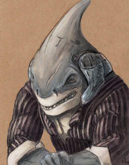 anthro biped blue_body brown_background clothed clothed_anthro clothed_male clothing countershade_face countershade_torso countershading fin fin_scar front_view frown fully_clothed head_fin head_gills head_scar looking_at_viewer male open_clothing open_shirt open_topwear pattern_clothing pattern_shirt pattern_topwear purple_clothing purple_shirt purple_topwear respiratory_equipment scar shirt simple_background snarling solo striped_clothing striped_shirt striped_topwear stripes topwear white_body white_countershading deriaz aquatic fish great_white_shark mackerel_shark shark white_shark 2014 dated graphite_(artwork) half-length_portrait portrait signature traditional_media_(artwork)