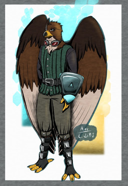 anthro aviator_goggles belt brown_body clothed clothing eye_bags lugan_hirai male shield solo wings arc_rose avian bird falcon falconid digital_drawing_(artwork) digital_media_(artwork) hi_res