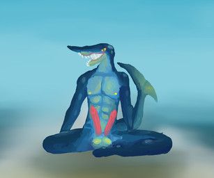 2_penises abs abstract_background anthro balls blue_background blue_body genitals green_balls green_body humanoid_genitalia humanoid_penis male multi_genitalia multi_penis multicolored_body muscular muscular_male nipples non-mammal_balls nude pecs penis simple_background sitting solo teeth unusual_anatomy yellow_eyes yellow_nipples moonringred fish marine shark 6:5