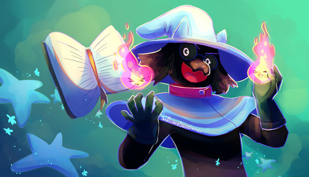 alternate_costume alternate_universe black_body black_fur book clothing collar eyewear fire fluffy fur glasses gloves handwear hat headgear headwear horn magic_user shawl devogamer deltarune deltaswap undertale_(series) ralsei animate_inanimate bovid caprine darkner goat mammal 7:4 absurd_res hi_res