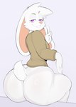 anthro big_butt biped bottomless buckteeth butt clothed clothing eyelashes fur gesture hair hand_gesture huge_butt looking_at_viewer looking_back mouth_closed sitting smile solo teeth thick_thighs v_sign white_body white_fur white_hair usnarbit lagomorph leporid mammal rabbit hi_res