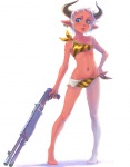 blue_eyes clothed clothing ear_piercing female gun hair holding_gun holding_object holding_ranged_weapon holding_weapon horn humanoid_pointy_ears not_furry piercing pointy_ears ranged_weapon semi-automatic shotgun simple_background skimpy solo spas-12 weapon white_background white_hair young weno demon