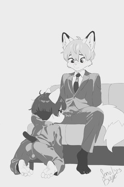 anthro biped bowl bulge bulge_from_behind bulge_sniffing clothing container duo feet hair humanoid_feet kneeling looking_down looking_pleasured male male/male male_anthro plantigrade school_uniform shota simple_background sniffing suit uniform young young_anthro young_male smol_boye mob_psycho_100 one_(manga) reigen_arataka shigeo_kageyama canid canine domestic_cat felid feline felis fox mammal 2:3 absurd_res hi_res sketch