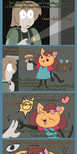 anthro bow_ribbon brown_hair building burger clothing dress duo female feral flashlight food fur hair heart_symbol house jacket male male/female orange_body orange_eyes orange_fur red_hair simple_eyes text toony topwear shane_frost animate_inanimate avian bird felid feline human living_drawing mammal absurd_res comic english_text hi_res