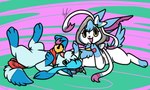 3_fingers 3_toes bell bell_collar blue_body blue_eyes blue_fur clothing collar feet female feral fingers fur hoodie lying on_back on_front open_mouth pawpads paws playing simple_background solo toes tongue topwear white_body white_fur yellow_eyes nightdazed nintendo pokemon cel_(glaceon) sai_(sylveon) eeveelution generation_4_pokemon generation_6_pokemon glaceon pokemon_(species) shiny_pokemon sylveon 5:3 hi_res