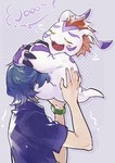 blue_hair blush claws clinging duo eyes_closed face_hugging feral fur hair male red_hair text white_body white_fur lanllan bandai_namco digimon joe_kido digimon_(species) gomamon human mammal english_text