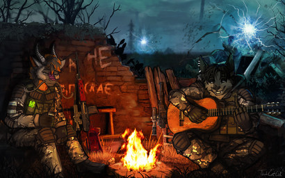 acoustic_guitar anthro black_hair bottle campfire clothed clothing container duo ear_piercing ear_ring fire front_view fur grass grey_body grey_eyes grey_fur grey_horn grin guitar gun hair holding_bottle holding_container holding_object horn male male_anthro military mouth_closed multicolored_eyes multicolored_hair musical_instrument narrowed_eyes night orange_hair outside piercing plant playing_guitar playing_music plucked_string_instrument ranged_weapon red_eyes rifle ring_piercing short_hair sitting smile soldier string_instrument two_tone_eyes two_tone_hair warrior weapon acidic mythology s.t.a.l.k.e.r. wikrex bat dragon eastern_dragon furred_dragon furred_scalie mammal mythological_creature mythological_scalie scalie 16:10 signature widescreen