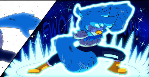 ambiguous_gender anthro armor beak biped blue_body blue_feathers blue_hair charging_up clothed clothed_anthro clothing feathers fist hair onomatopoeia shadowed_eyes solo sound_effects text winged_arms wings merlebirb_(artist) undertale_yellow martlet_(undertale_yellow) avian bird 2024 digital_drawing_(artwork) digital_media_(artwork) hi_res female_(lore)