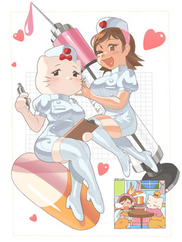 anthro big_breasts black_eyes blush blush_stickers breasts brown_eyes brown_hair clothed clothing duo eyelashes female front_view fur hair looking_at_viewer mouthless nurse_clothing nurse_uniform one_eye_closed short_hair tan_body tan_skin thick_thighs uniform whiskers white_body white_clothing white_fur wide_hips wink winking_at_viewer chzzei cooking_mama hello_kitty_(series) sanrio mama_(cooking_mama) mary_white domestic_cat felid feline felis human mammal hi_res