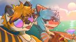 alcohol anthro beverage blue_eyes blue_hair blush clothed clothing cocktail drunk duo eyewear fur hair holding_object orange_body orange_fur orange_hair sky substance_intoxication sun sunglasses skymafia colin_(anonymous3355) the_raze canid canine fish fox mammal marine shark 16:9 2019 digital_media_(artwork)