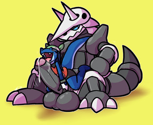 2_horns 3_toes anthro anthro_on_anthro big_penis black_bottomwear black_clothing black_eyes black_gloves black_handwear black_skirt blue_body blue_hair blue_scales blue_sclera blush bodily_fluids bodyjob bone bone_mask bottomwear claws clothing drooling duo erection feet foreskin genitals glans gloves green_headkerchief green_kerchief grey_body grey_penis grey_scales hair half-closed_eyes handwear headgear headkerchief headwear horn huge_penis humanoid_genitalia humanoid_penis kerchief larger_anthro larger_male licking looking_away looking_pleasured male male/male mask narrowed_eyes open_mouth oral orange_clothing orange_topwear orange_vest orgasm penile penis penis_lick pink_glans saliva scales sex sitting size_difference skirt skull skull_mask smaller_anthro smaller_male toes tongue tongue_out topwear vest white_body white_claws white_clothing white_gloves white_handwear white_headkerchief white_horn white_kerchief white_scales ultilix nintendo pokemon ulti_(ultilix) aggron generation_3_pokemon lizard pokemon_(species) reptile scalie 2025