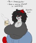 anthro big_breasts black_hair bottomwear breasts bulge clothing container cup dialogue gynomorph hair holding_container holding_cup holding_mug holding_object huge_breasts intersex machine mug navel overweight pants red_eyes simple_background smile solo tail text whiskers white_background wide_hips robertge jason_markova domestic_cat felid feline felis mammal robot 2023 english_text