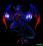 3_fingers anthro black_background claws dark_lighting fingers glowing glowing_eyes heartless_symbol horn male markings muscular red_markings simple_background solo tail wings yellow_eyes noki001 bandai_namco digimon digimon_(species) exveemon hi_res