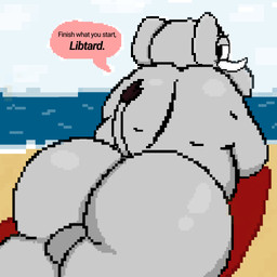 anthro balls beach beach_towel belly big_butt butt dialogue genitals glistening glistening_body looking_at_viewer looking_back looking_back_at_viewer lying lying_on_ground male on_front on_ground outside overweight overweight_male politics proboscis_(anatomy) sea solo speech_bubble tail text towel trunk_(anatomy) tusks water mars_zero republican_party_(usa) george_o._pillsburry republican_elephant elephant elephantid mammal proboscidean 1:1 english_description english_text hi_res